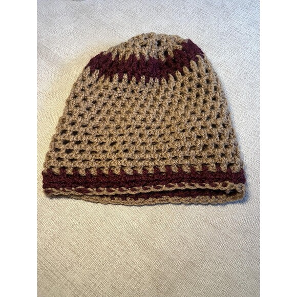 Handmade Crochet Hat Beanie Fitted One Size Womens Tan Burgundy Open Weave - Picture 4 of 4